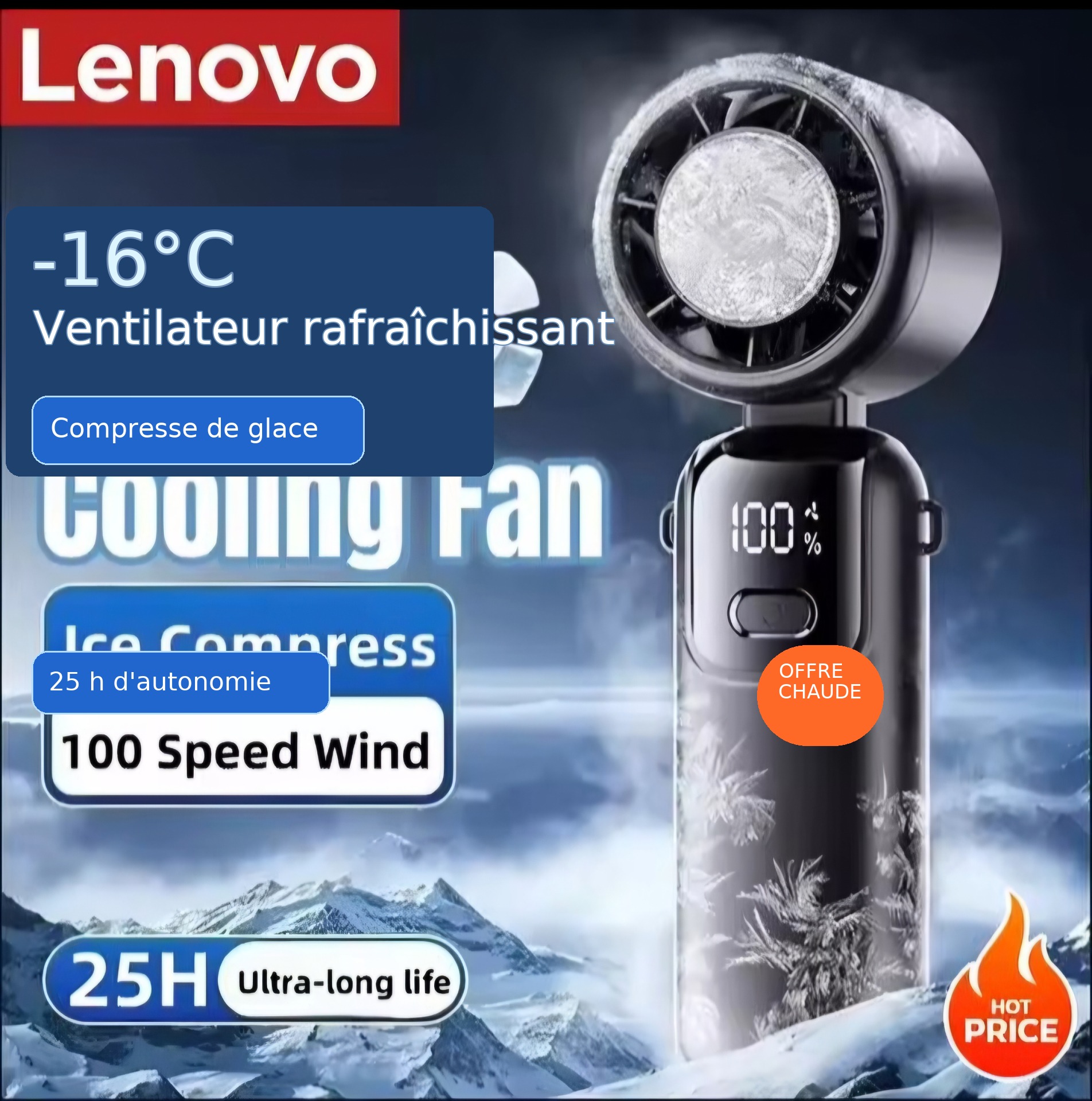 Ventilateur portable Lenovo Ice Cooling avec compresse de glace et refroidissement rapide à 16°C, vue produit