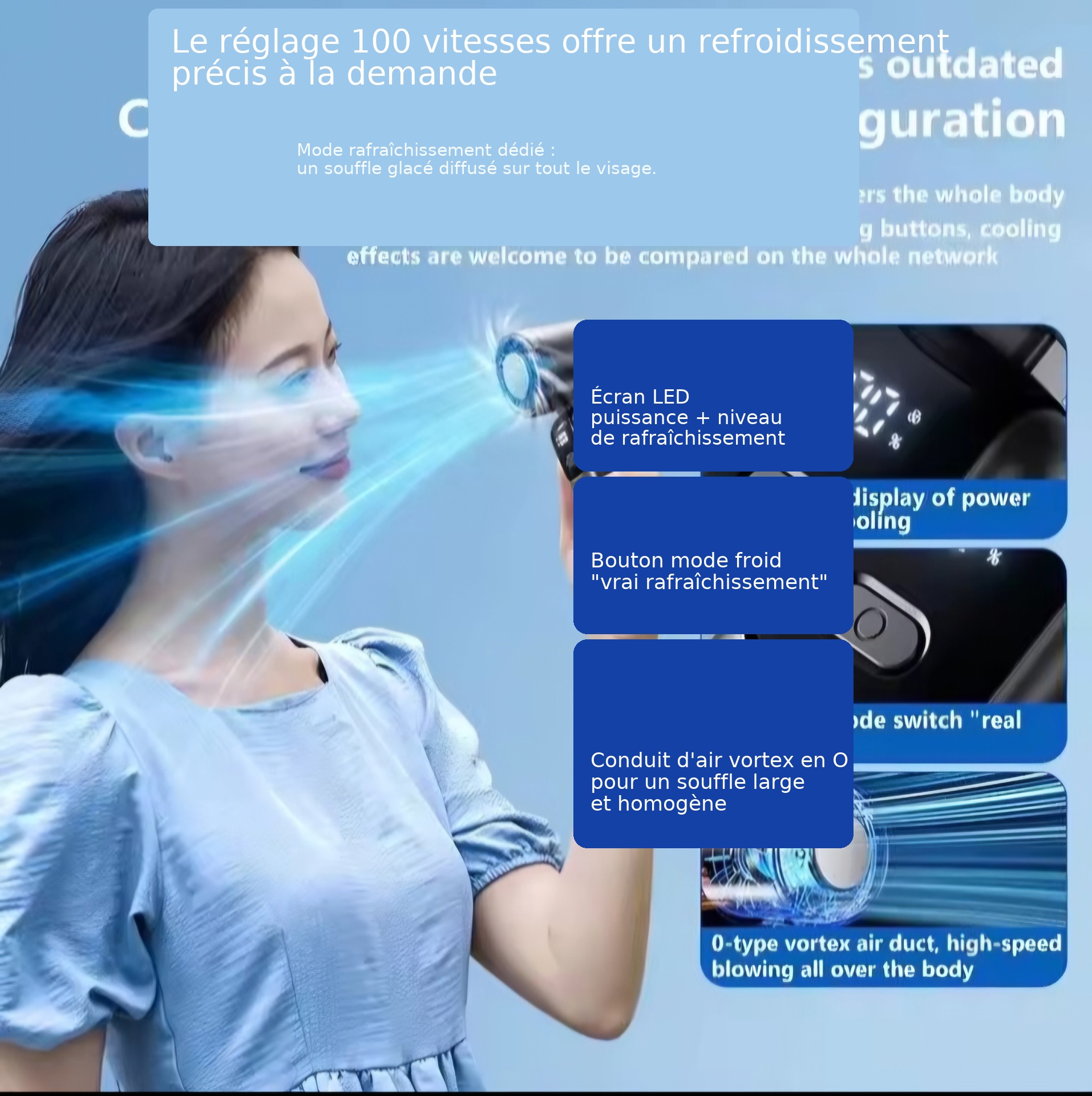 Ventilateur portable Lenovo Ice Cooling utilisé sur le visage avec écran LED et mode froid