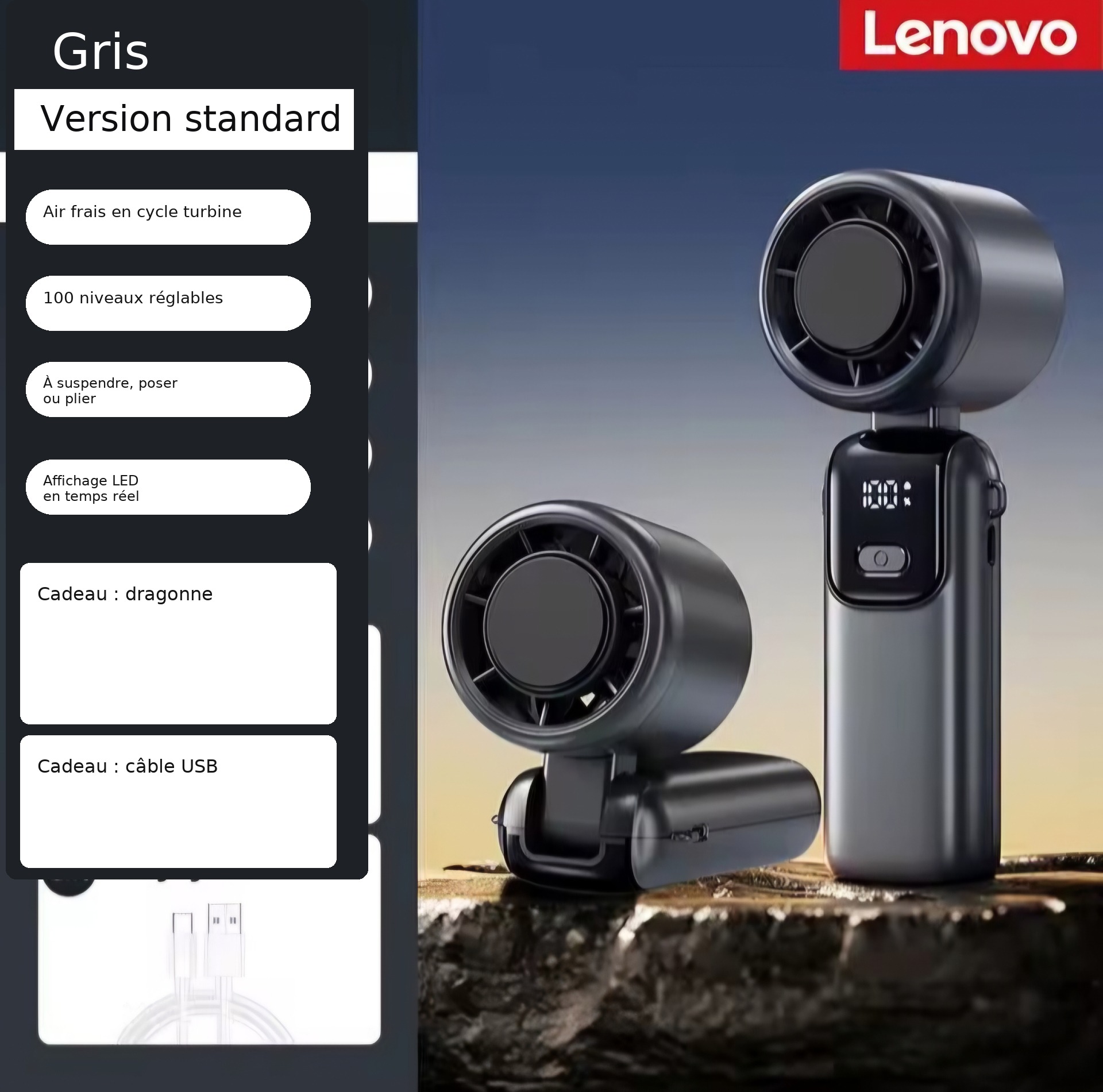 Ventilateur portable Lenovo Ice Cooling version grise pliable avec accessoires inclus